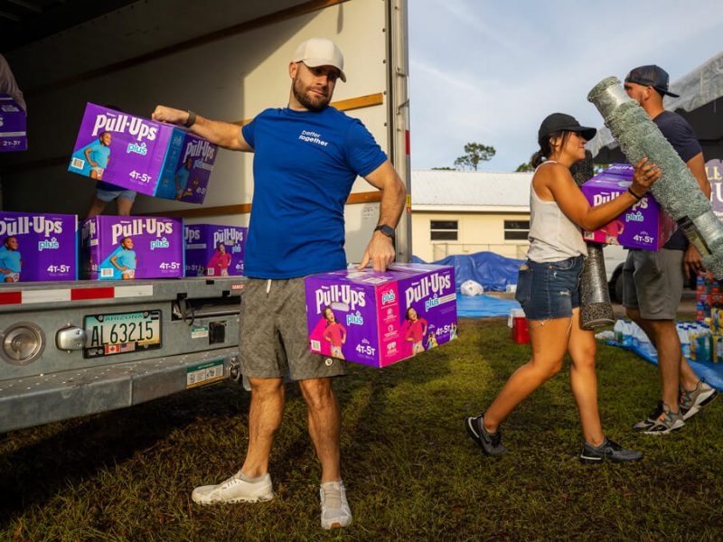 More than 300 volunteers arrived Tuesday, October 11, 2022, at Suncoast First Baptist Church to help distribute food, water and supplies to residents of Suncoast Estates, where many homes were damaged by Hurricane Ian.