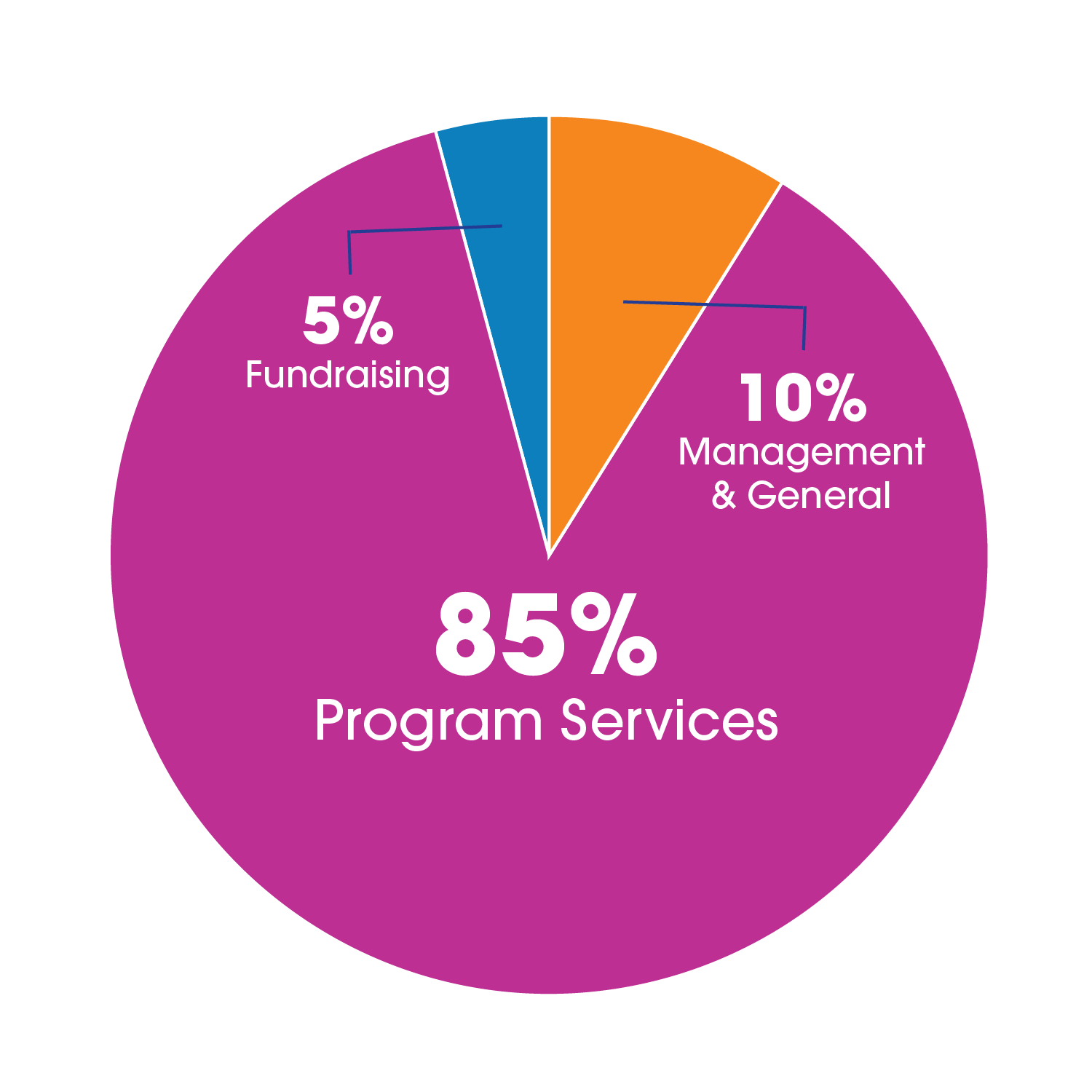 Pie chart showing 85% for Program Services, 10% for Management & General and 5% for Fundraising