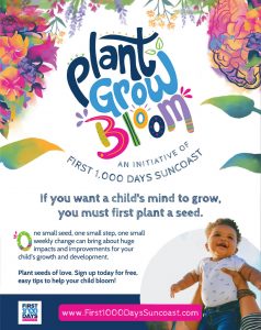 Flyers featuring flowers, a baby and the words Plant Grow Bloom
