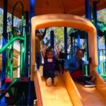 Two children prepare to slide down side-by-side orange slides.
